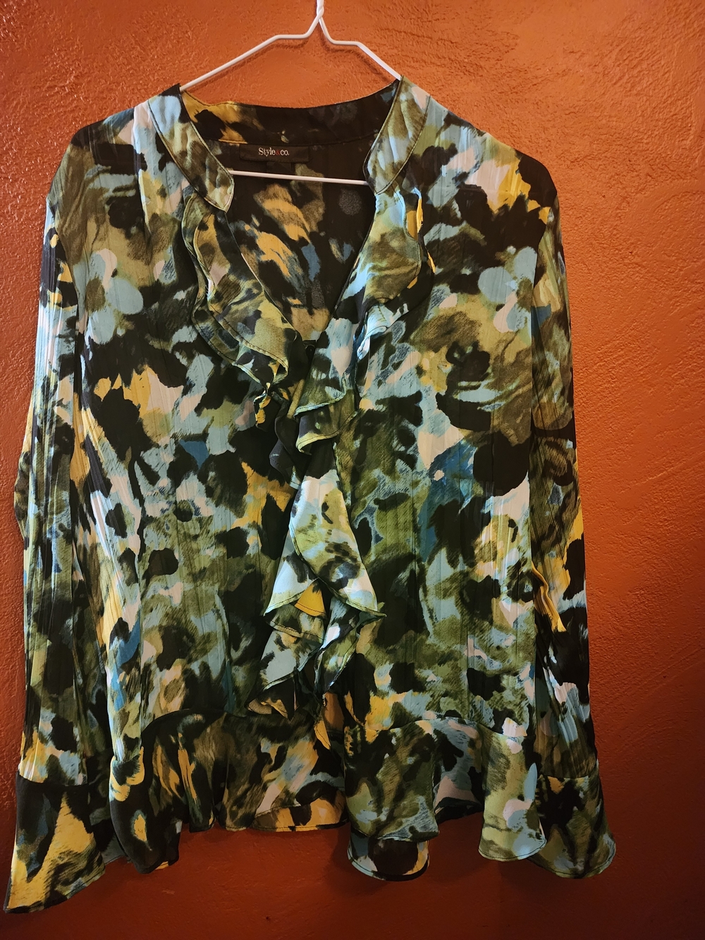 Style & Co. Green, Blue and Yellow Ruffle Front Blouse